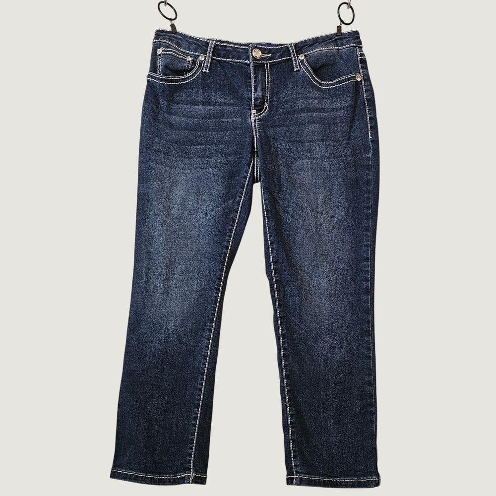 Apt. 9 Womens Dark Wash Rhinestone Cross Back Pocket Capri Jeans Blue Size‎ 10